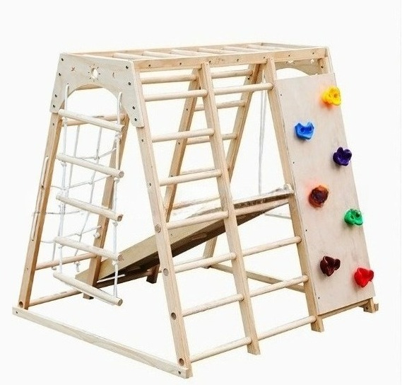 Kids Outdoor Climbing Frame - ชุดเครื่องเล่นปีนป่ายไม้พร้อมชิงช้าและสไลเดอร์ สำหรับสนามเด็กเล่นในร่ม