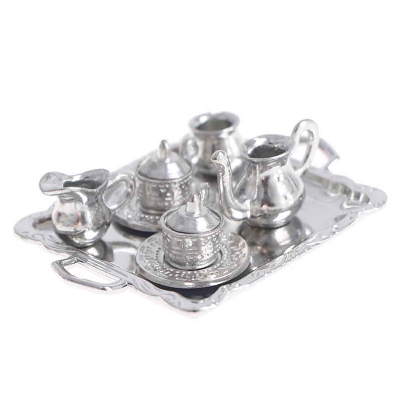 Kids Outdoor Kitchen Accessories - 10 ชิ้น/เซ็ต 1/12 Dollhouse Miniature โลหะเงินชากาแฟถาดชุดบนโต๊ะอาหารสําหรับตุ๊กตา